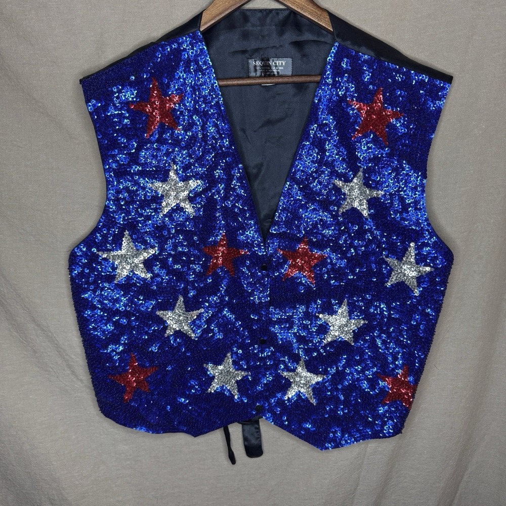 VINTAGE 1995 WOMENS RED WHITE & BLUE SEQUIN PATRIOTIC USA STAR VEST Sz XXL
